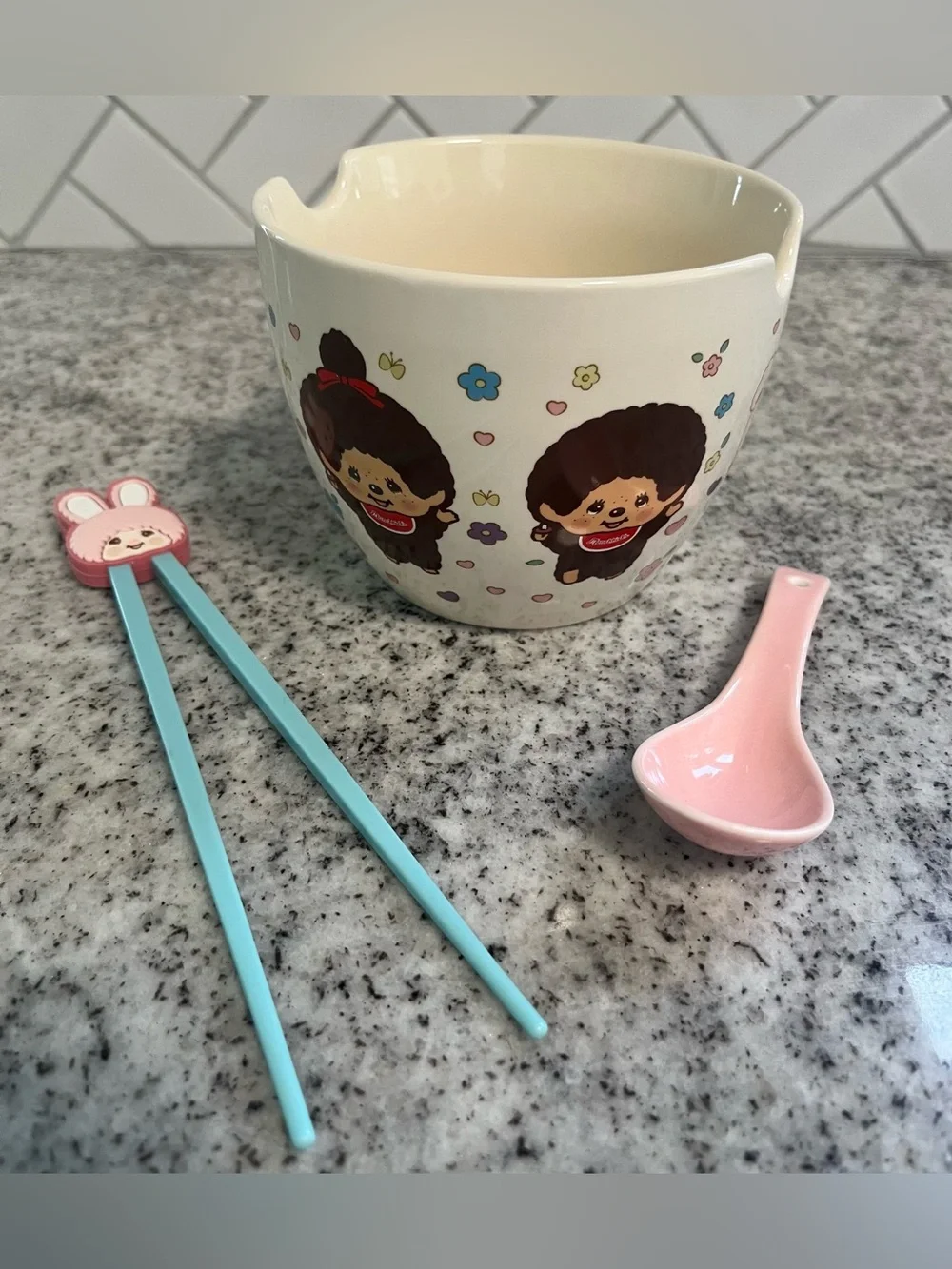 Monchhichi Ceramic Ramen Noodle Bowl Chopsticks Spoon Set Mad Engine Kawaii